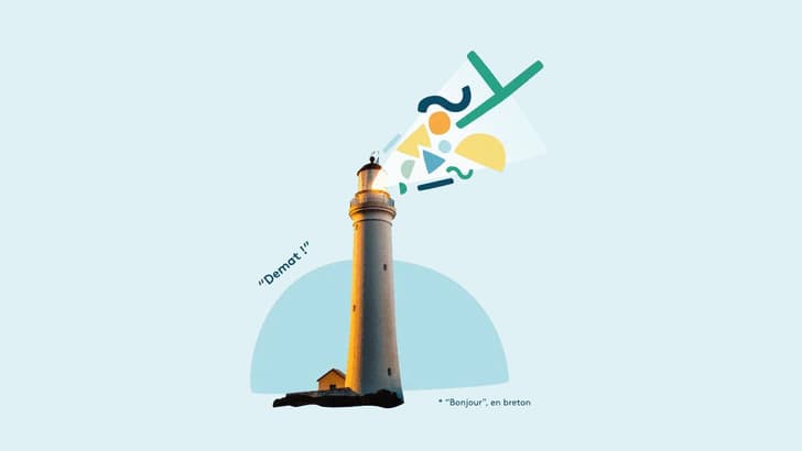 Illustration d'une phare breton, projettant le logo Diatomées. On y voit "Demat", ce qui signifie "Bonjour" en breton.