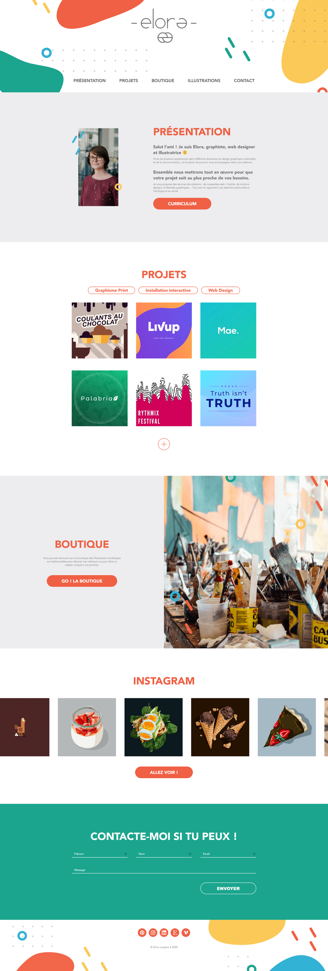 Capture d'écran du site d'Elora Langlois. On peut y lire une courte description, puis sa liste de projets, un lien vers sa boutique Etsy pour finir sur un slider Instagram de ses illustrations.
