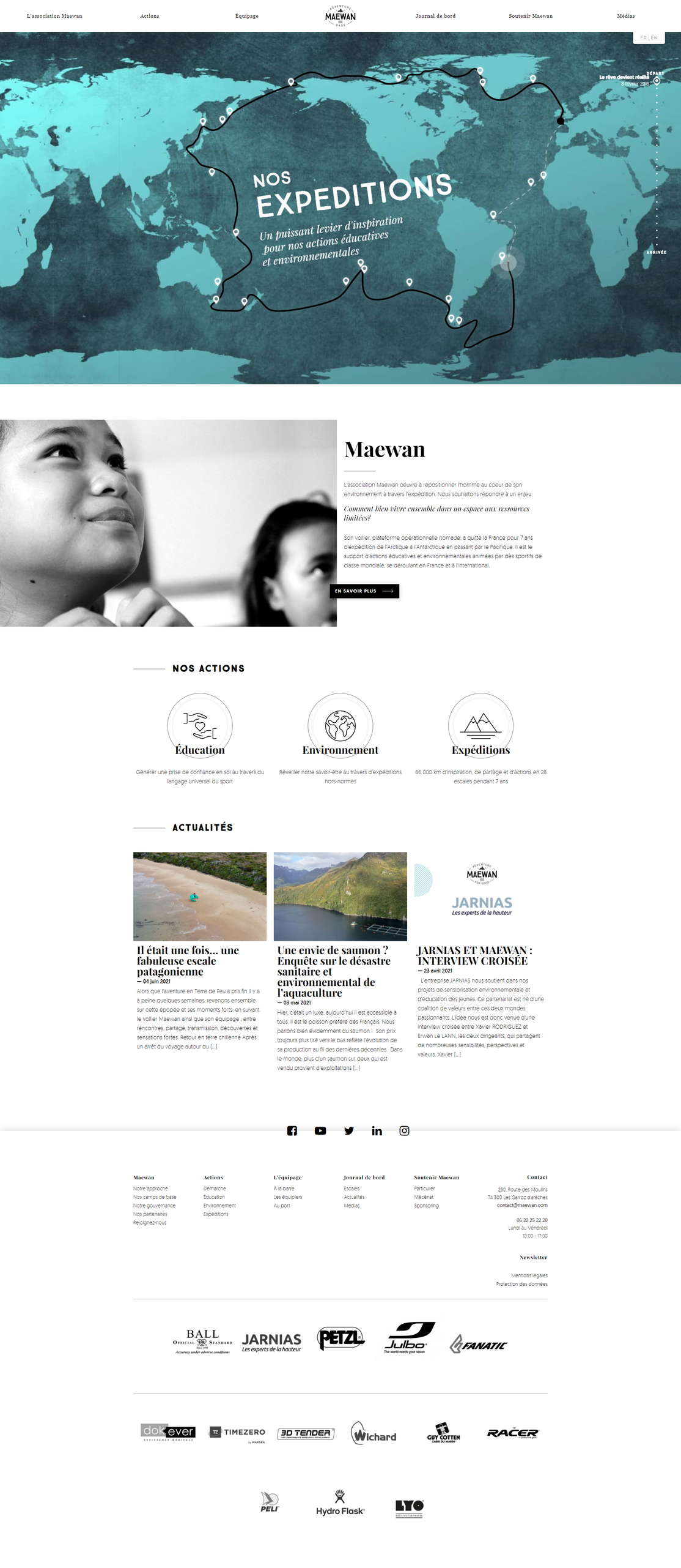 Capture d'écran du site de Maewan. En dessous du menu se trouve une carte retraçant le trajet et les arrêts de l'équipage Maewan. On peut également lire une présentation de l'association, les actions éducatives, environnementales et expéditions effectuées. En bas de page se trouvent la liste des sponsors et mécènes.