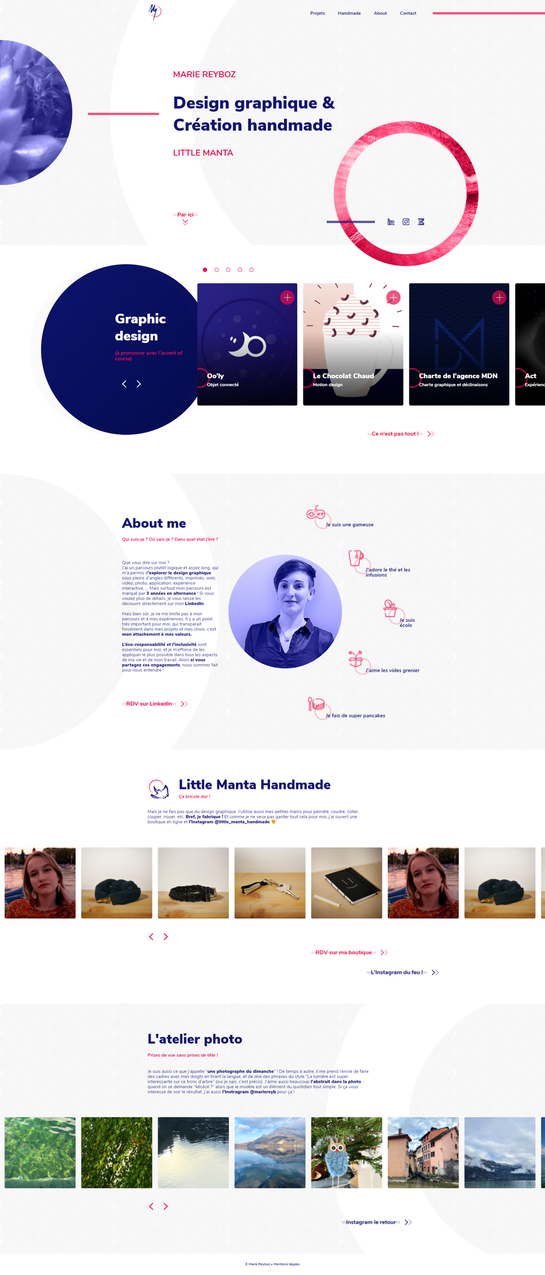 Capture d'écran du site de Marie. On peut voir ces réalisations, une description d'elle et de son travail ainsi que la présentation de deux comptes Instagram, un pour les produits qu'elle fabrique main, et l'un pour ses photographies.