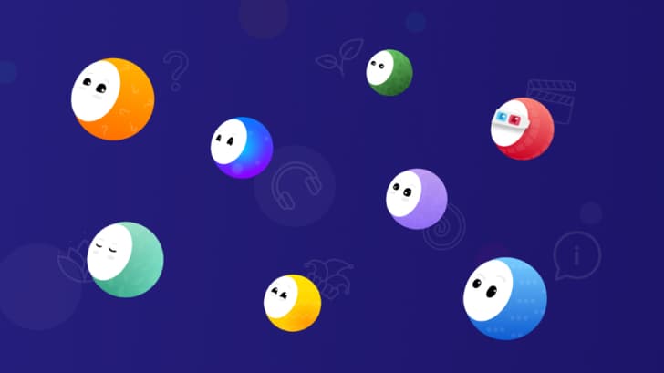 Illustration présentant les Oos, de petits boules représentant chacun un personnage différent avec chacun une couleur associée, un léger motif et des yeux.