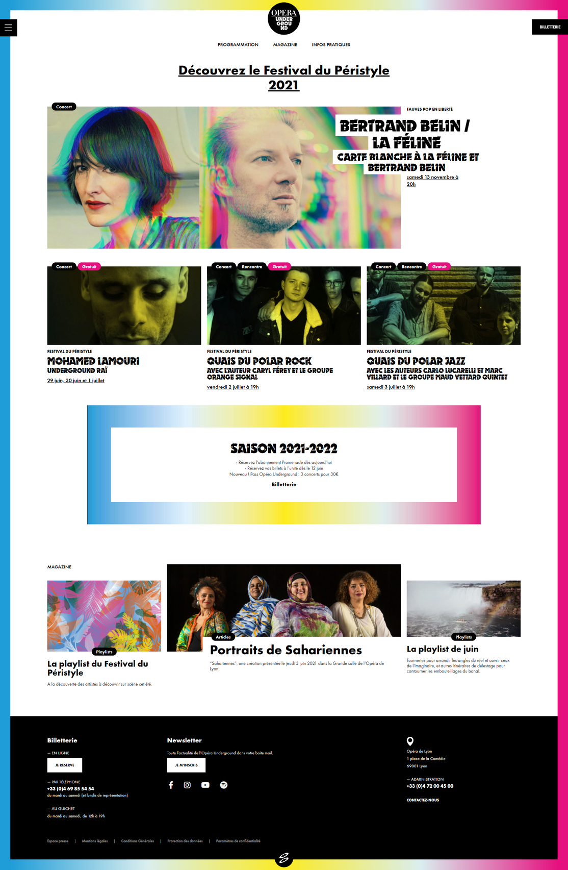 Capture écran du site de l'Opéra Underground. Ce site, au design très épuré, comporte une première section avec les prochains artistes se représentant prochainement. En bas de page, on peut remarquer une section avec les dernières actualités, des playlists proposées et également des portraits d'artistes de l'Opéra.